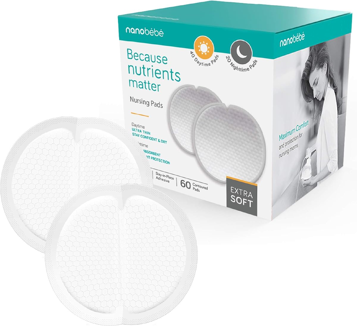 Nanobébé Almohadillas de lactancia desechables Almohadillas absorbentes para el pecho Día Ultra delgado, día y noche, contorneados y a prueba de fugas Esenciales para la lactancia materna (60 unidades)