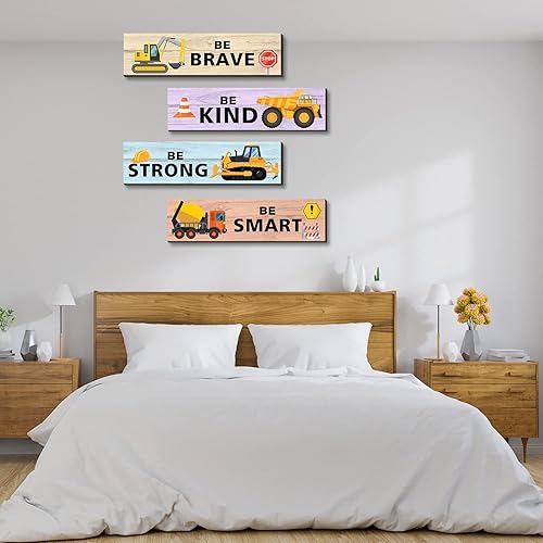 Miniatura 5 de SHLINCO 4 placas de pared de madera para decoración de camión de construcción, citas inspiradoras, decoración de habitación temática de camión de