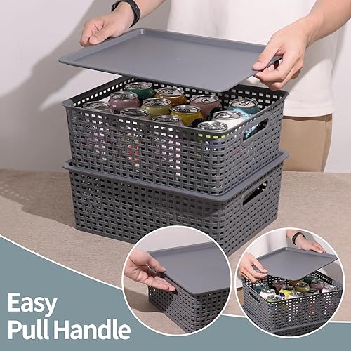 Miniatura 5 de Paquete de 6 cestas de plástico con tapas, cestas de almacenamiento para organizar armario, despensa, oficina, color gris