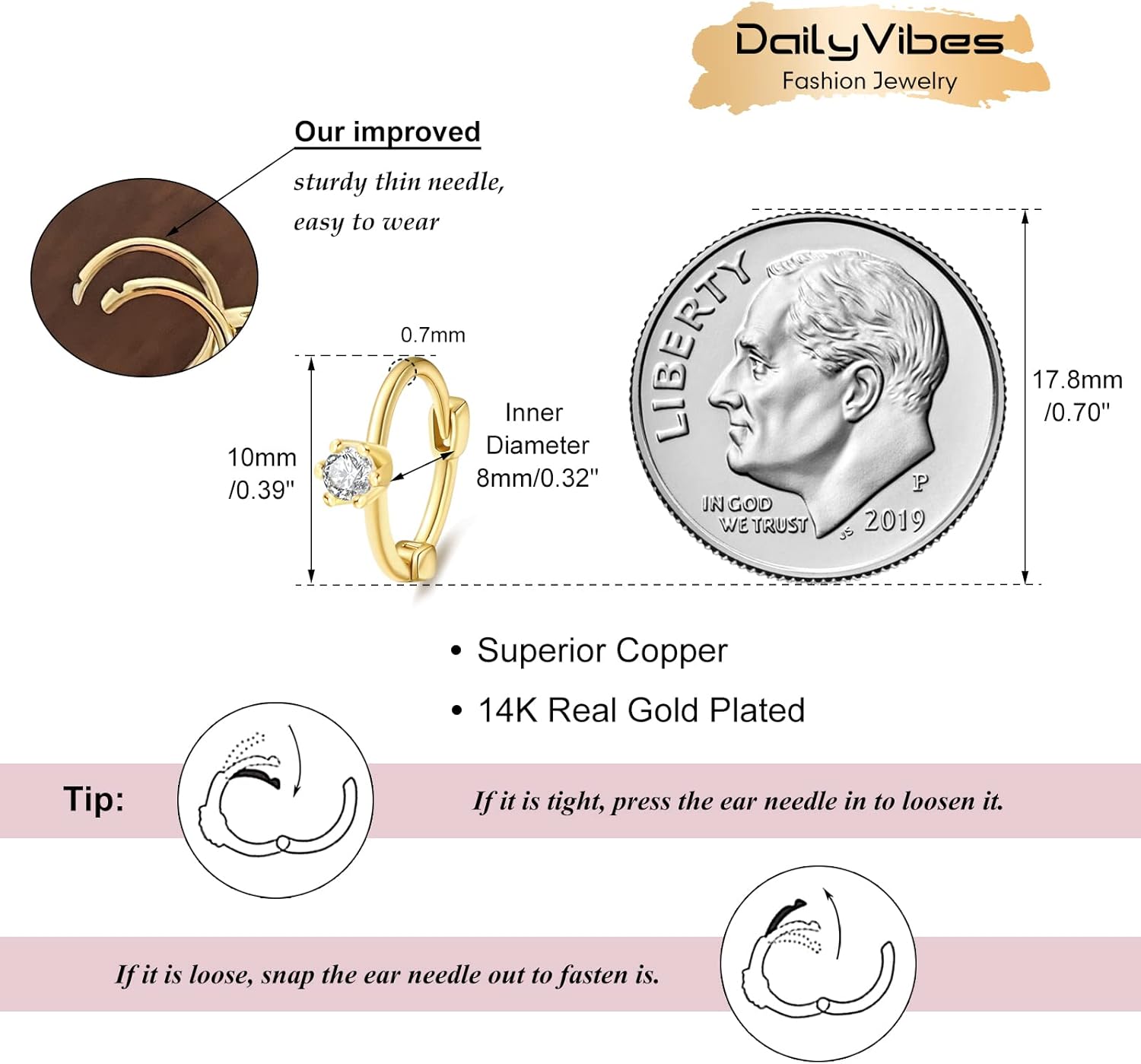 Small Gold Hoop Earrings for Women 14K Gold Plated Hoops Tiny Hypoallergenic Cubic Zirconia Cartilage Huggie Hoop Earrings for Women - Image 2