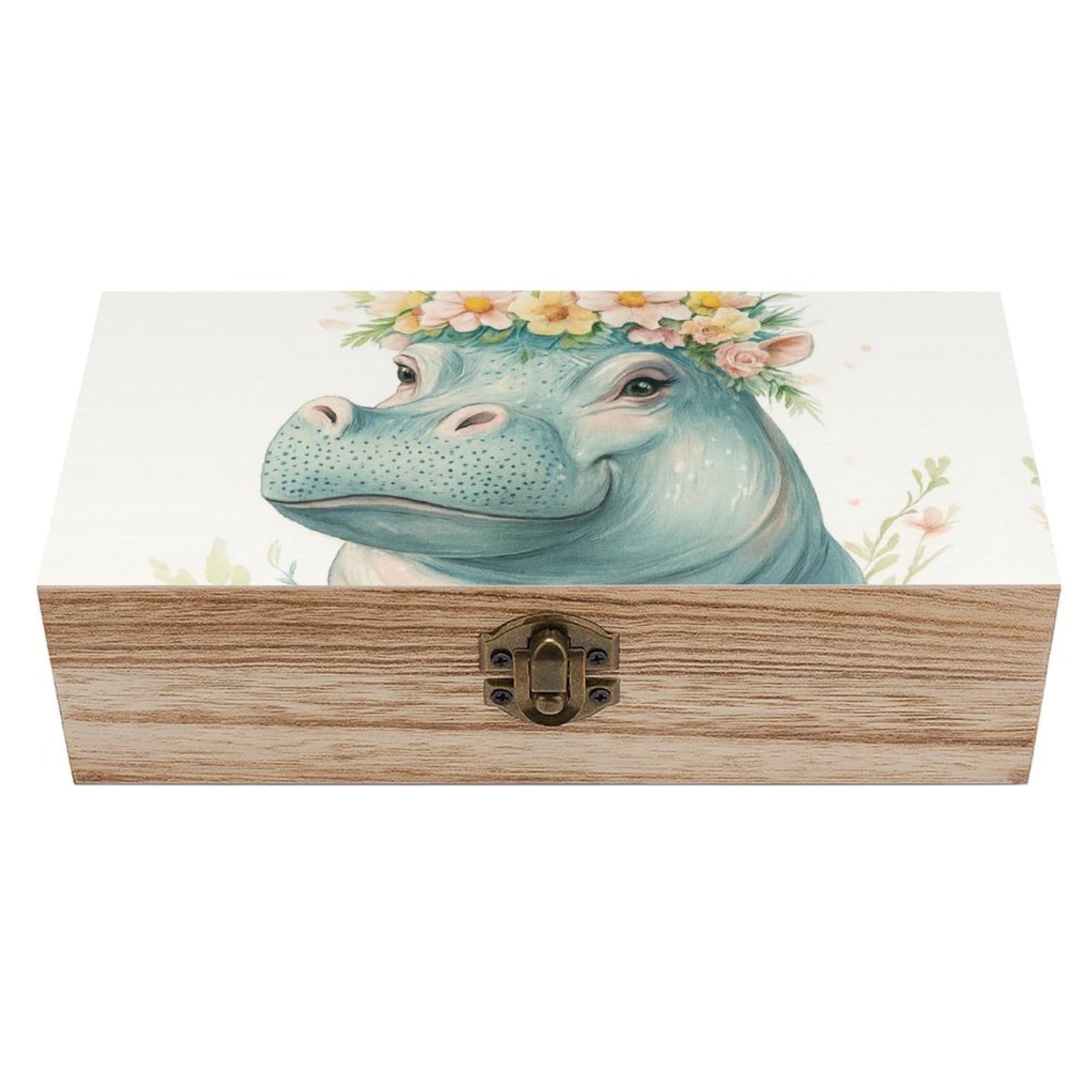 SMAZDFXX Cute Hippo with Wreath & Easter Eggs Wooden Storage Box Multipurpose Decorative Box for Jewelry Photo Home Decor