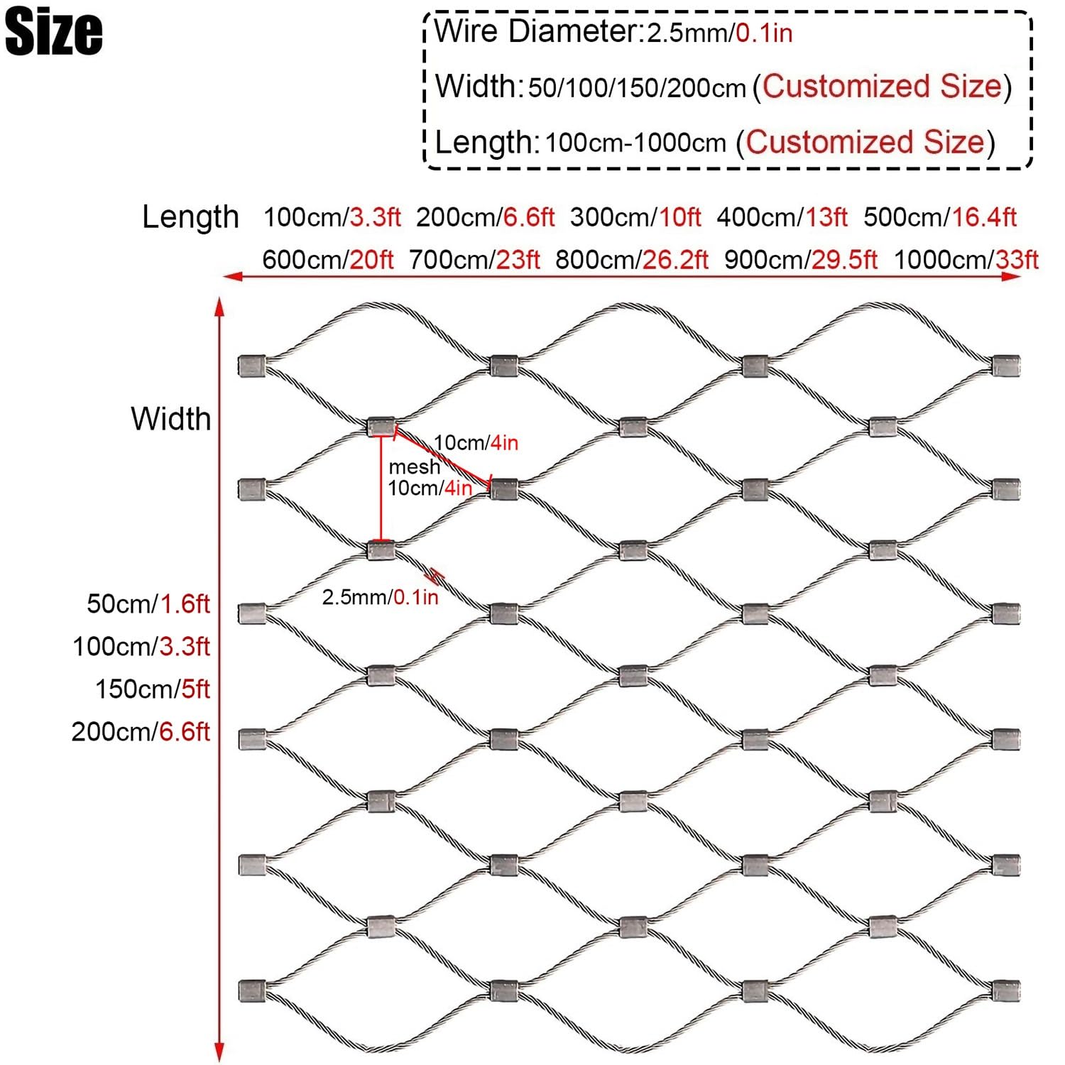Filet de sécurité flexible en acier inoxydable pour cages de zoo, garde-corps et jardins (100 x 100 cm) résistant aux intempéries et fiable