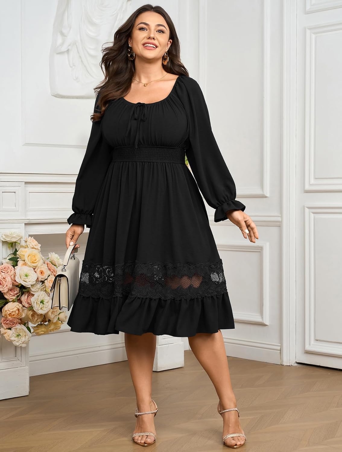 Women's Plus Size Long Sleeve Midi Dress Scoop Neck Smocked Empire Waist A Line Ruffle Hem Lace Trim Flowy Dresses - Image 7