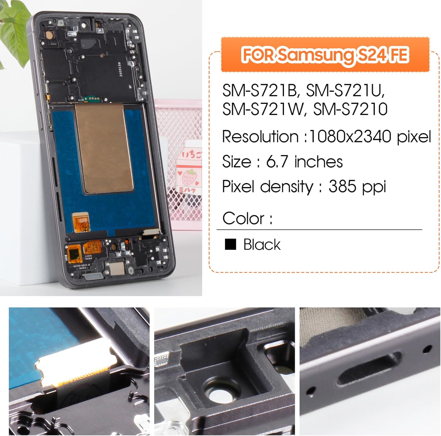 AMOLED LCD for Samsung Galaxy S24 FE Screen Replacement for Samsung S24 FE LCD Replacement SM-S721B,SM-S721U Touch Display Digitizer Assembly Repair Parts with Frame (Black with Fingerprint Function)