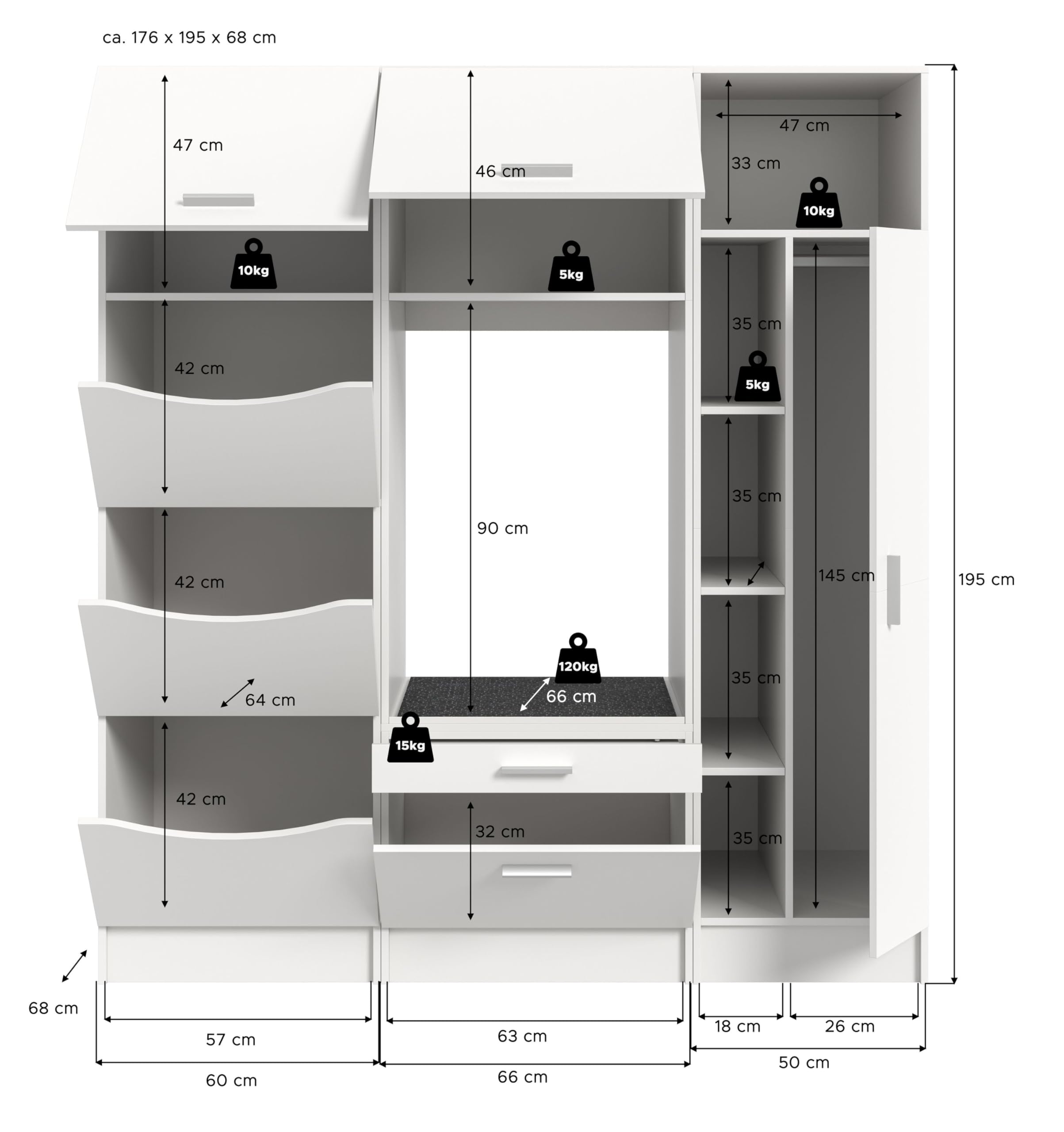 Homes & Jones Waschmaschinenschrank 3-TLG. Set weiß Hauswirtschaftsraum | WASCHMASCHINEN Set 3 tlg. BxHxT 176x195x68 cm in weiß – Wäscheschrank, Waschmaschinenschrank & Universalschrank