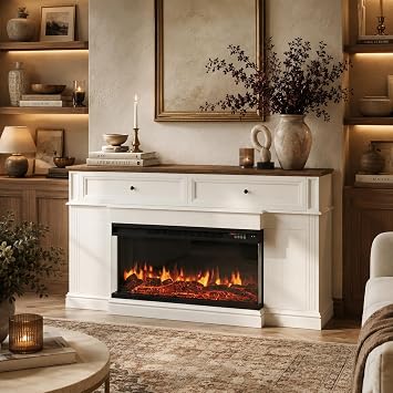 63 Fireplace TV Stand with 3-Sided Electric Fireplace,Modern White