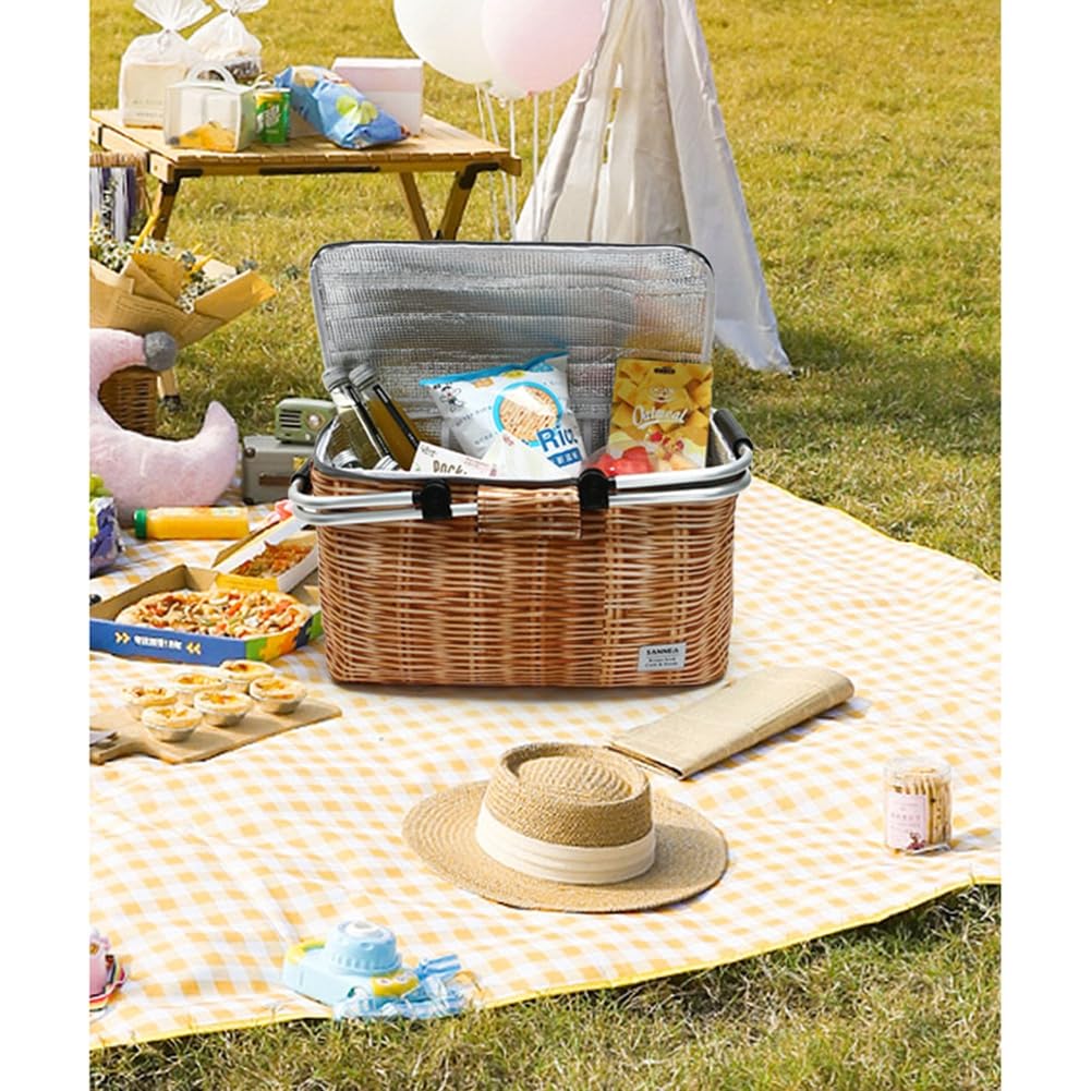 Cestino da picnic con soleggiamento, cestino in vimini, pieghevole, 25 l, borsa termica termica, cestino refrigerante, pieghevole, per il pranzo, per viaggi, picnic
