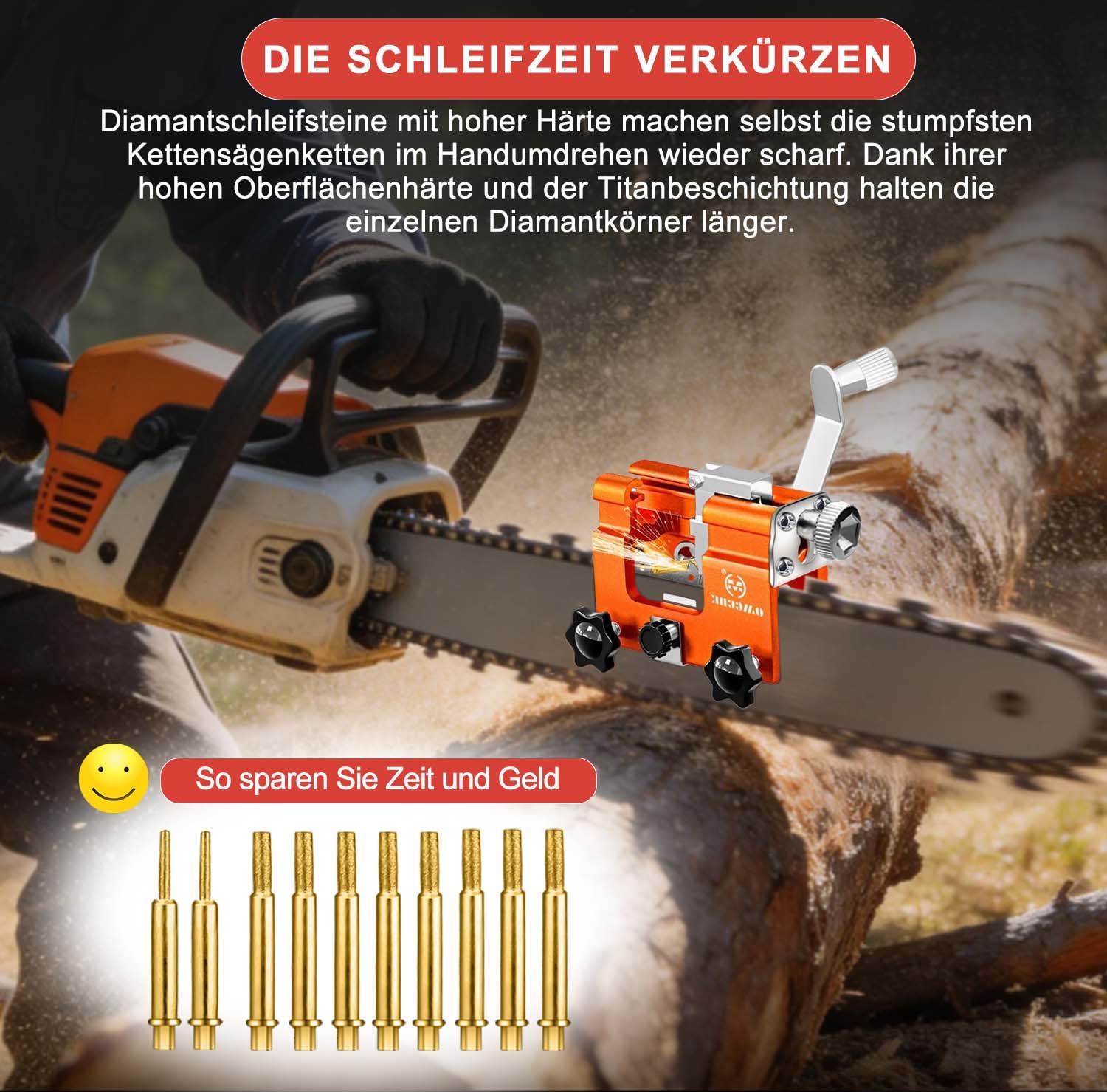 Kettensägen-Schärfwerkzeug mit 10 titanbeschichteten Diamantschleifköpfen, universell tragbares Hand-Schärfgerät für Sägeketten, passend für 4" – 22" Kettensägen