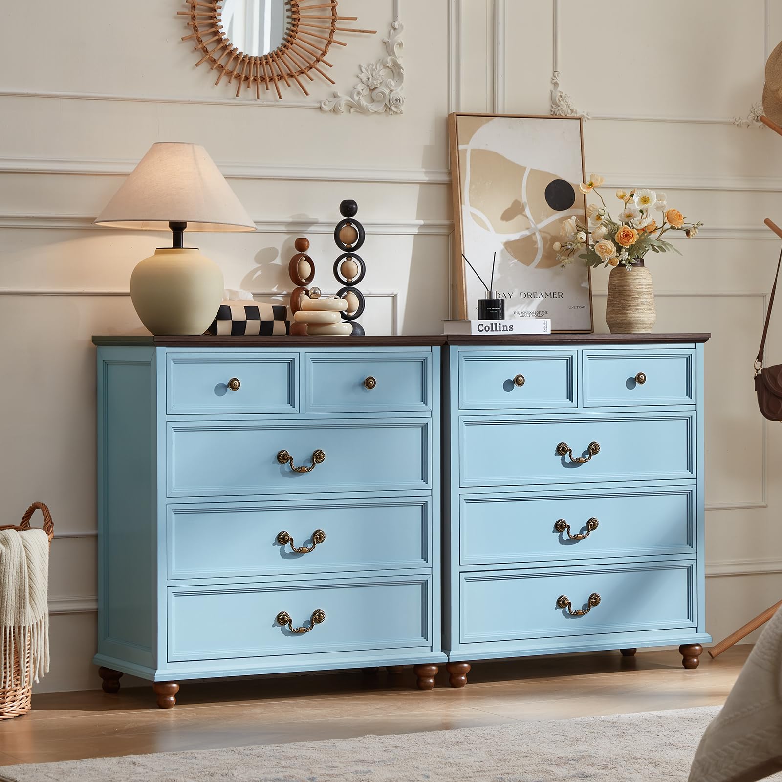 Joaxswe Farmhouse 5 Drawer Dresser Set of 2 for Bedroom, 35" Tall Rustic Chests of Drawers w/ 4 Solid Wood Feet, Mid Century Vintage Wooden Closet Storage Dressers Organizer for Living Room,Light Blue