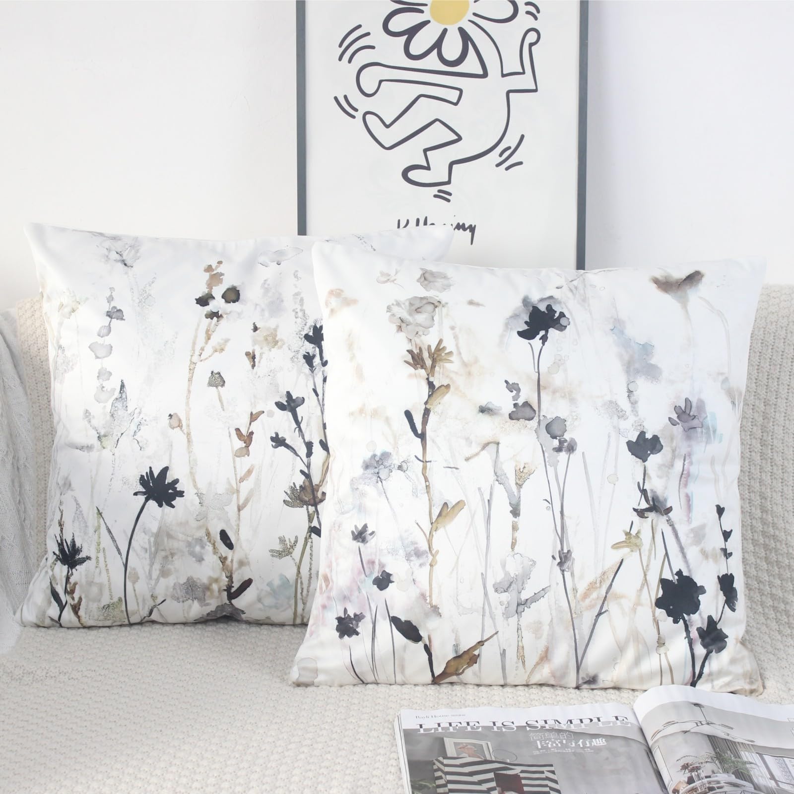 NIULAA Velvet Cushion Covers 45 x 45 Set of 2 Spring Cushion Cover Grey Watercolor Square Pillow Case Decorative Sofa Cushion Covers 18x18 Scatter Cushions Covers Art Deco
