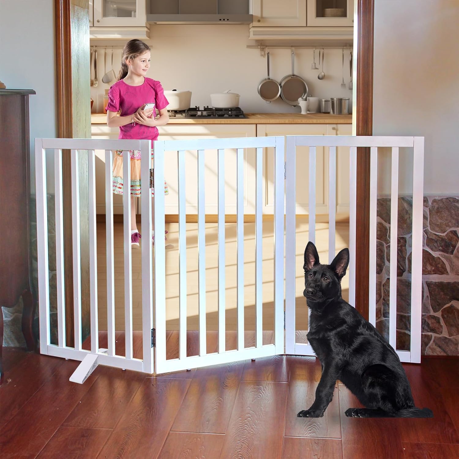 Folding Wooden Stair Gates for Dogs, Children and Pets, Easy to Assemble Stair Gates for Doorways Dog Partition (【3 Panels 】 60‘’W x 32''H)