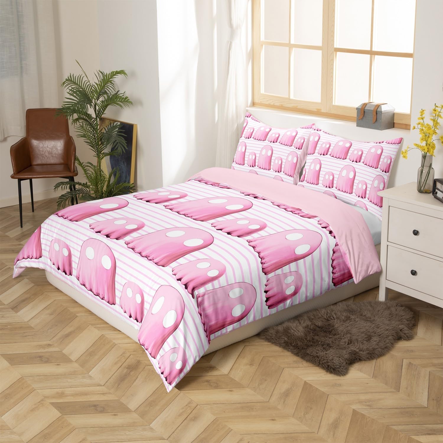 Cartoon Ghosts Bedding Set Happy Halloween Comforter Cover Pink White Stripes Duvet Cover Boys Girls Room Decor Soft Bedspread Cover Toddler Bedding Collection 2Pcs,No Comforter