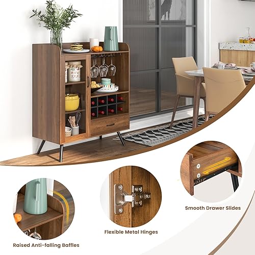 Miniatura 7 de LOKO Armario de barra de café de granja con puerta de vidrio templado, soporte de vidrio de 3 filas y estante para vino de 8 rejillas, aparador de