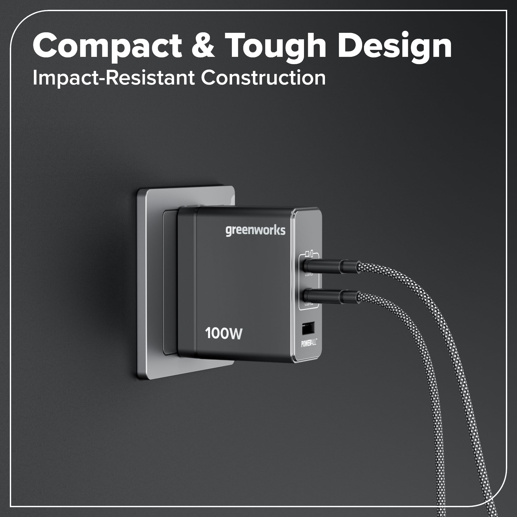 Greenworks Ładowarka USB-C 100 W szybka ładowarka PPS, kompaktowy zasilacz do MacBooka Pro/Air, iPad Pro, Galaxy S24/23, iPhone, Pixele, 3 lata , AP100EA