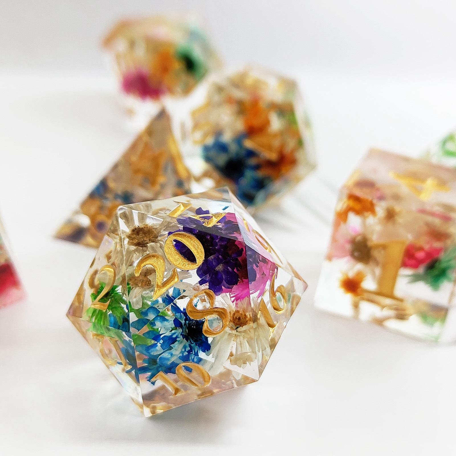 2 set de 7 dés polyédriques transparents en forme de fleur gravée pour les fêtes