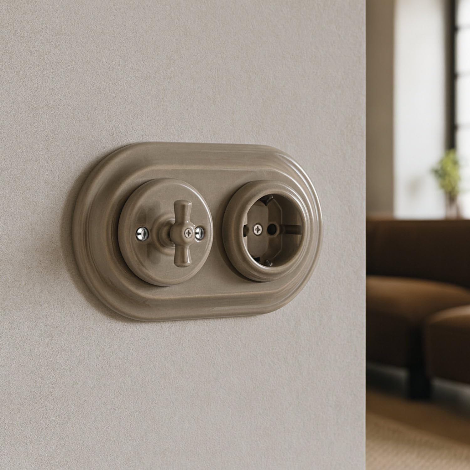 Unterputz Porzellan Retro Steckdose, Rotary Schalter, 2-fach, All-in-One, SET Serie PR1 graubeige