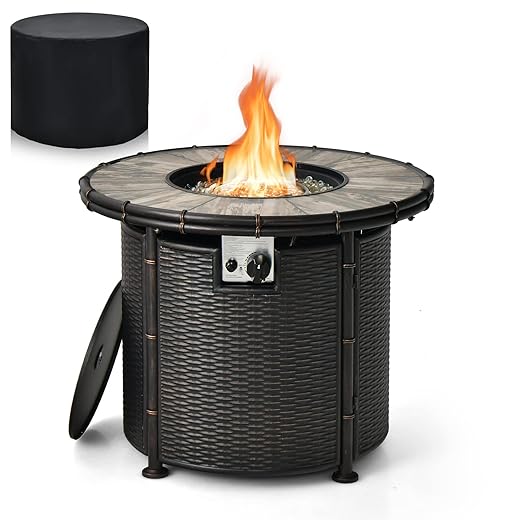Tangkula 32 Inch Patio Round Fire Pit Table, Patiojoy 30,000 BTU Propane Gas Fire Table with Fire Glasses & PVC Cover, Ceramic Tile Tabletop, Rattan-Like Fire Table for Backyard, Poolside
