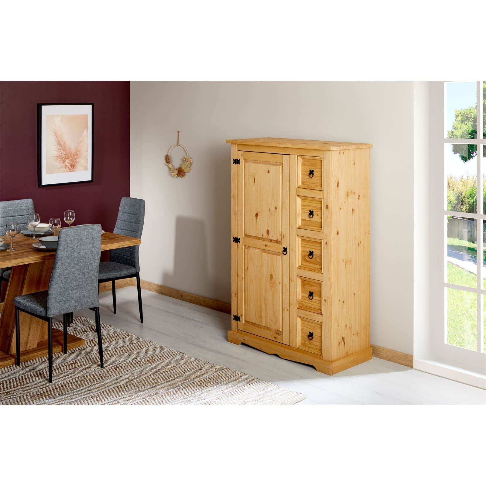 IDIMEX Kommode Tequila 5 Schubladen Natur gebeizt und gewachst. Highboard Kiefernholz massiv 2 verstellbare Einlegeböden Esszimmermöbel Zierbeschläge schwarz. Schubladenschrank Wohnzimmer Küche