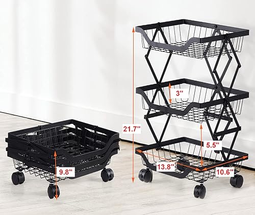 Miniatura 4 de Cesta de almacenamiento de metal con ruedas, sin montaje, 3 niveles, plegable, para frutas, verduras, cesta organizadora, cesta de almacenamiento,
