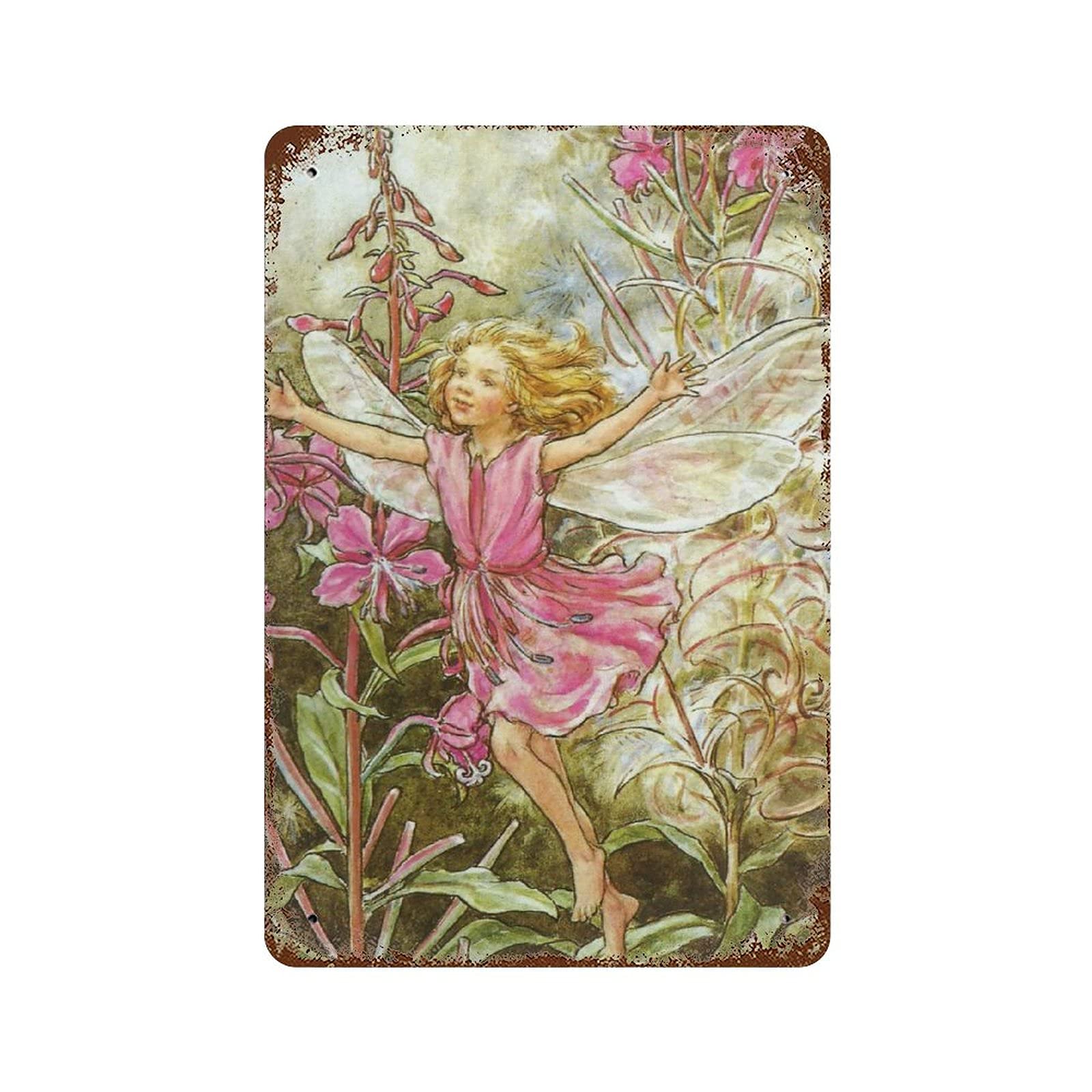 Pibonto Wall Art Retro Metal Aluminium Tin Sign The Rose Bay Willow Herb Fairy Flower Fairies Vintage Nursery Decor Fairy Print Home Decor Rustic Wall Decor For Living Room Kitchen Farm Decoration 8X5.5 Inch