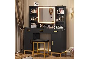 Black Glass Top Vanity Desk with Drawers & Cabinets
