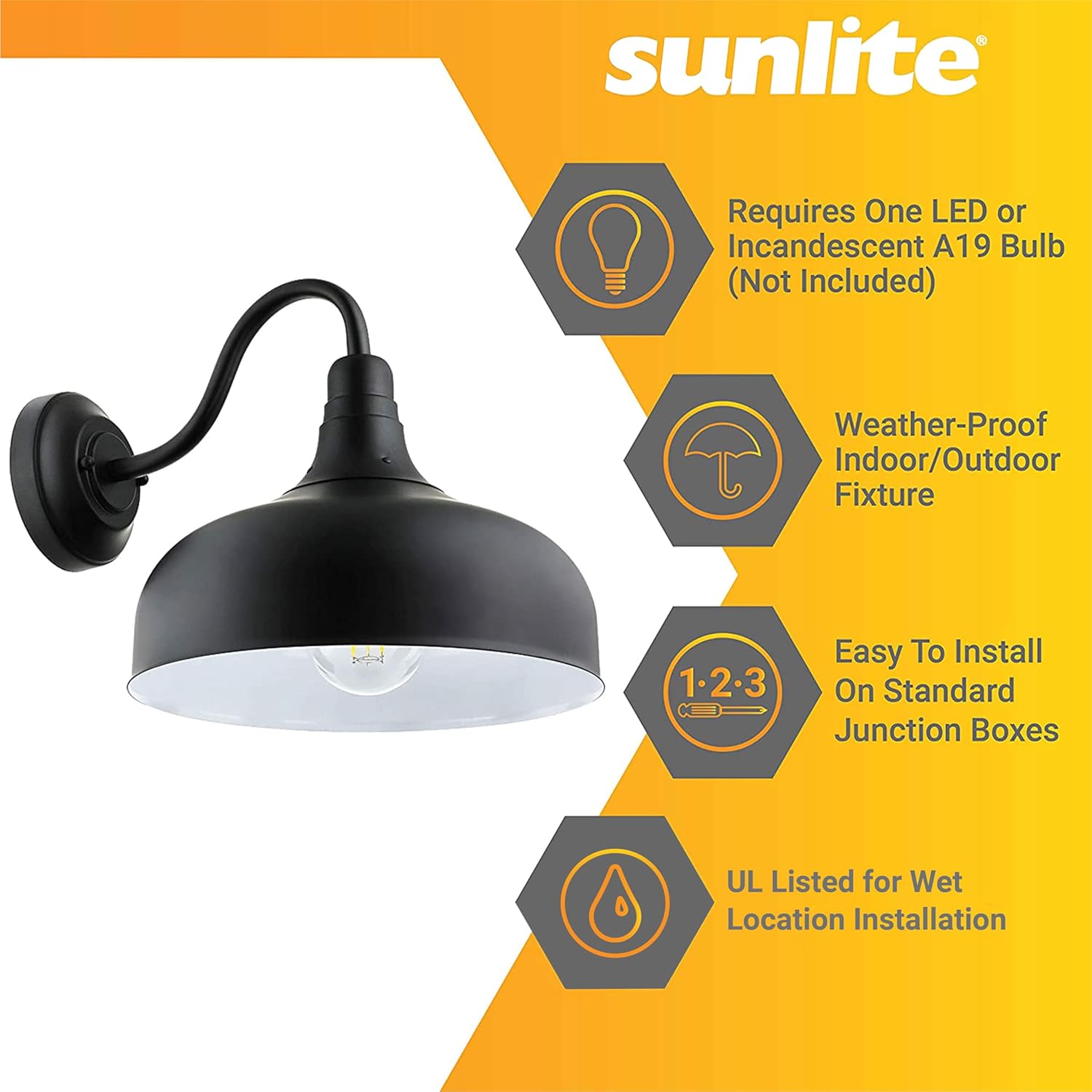 Sunlite 46067-SU Gooseneck Rustic Barn Light Fixture, Wall Mount, Medium Base (E26) Socket, Standard A19 Bulb Required (60W Max), 12 Inch, Indoor and Outdoor Use, ETL Listed Wet Location, Black