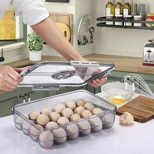 Miniatura 4 de BSTKEY Soporte para huevos para refrigerador, contenedor de huevos con escala de tiempo, soporte para huevos con tapa para almacenamiento de cocina,