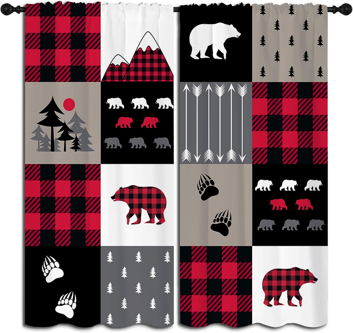 Red Black Plaid Bear Rod Pocket Blackout Curtains for Boy Girl Bedroom, Christmas Abstract Animal Paws Forest and Arrow Light Filtering Window Drapes for Living Room Home Decor Privacy, 42x63 inch