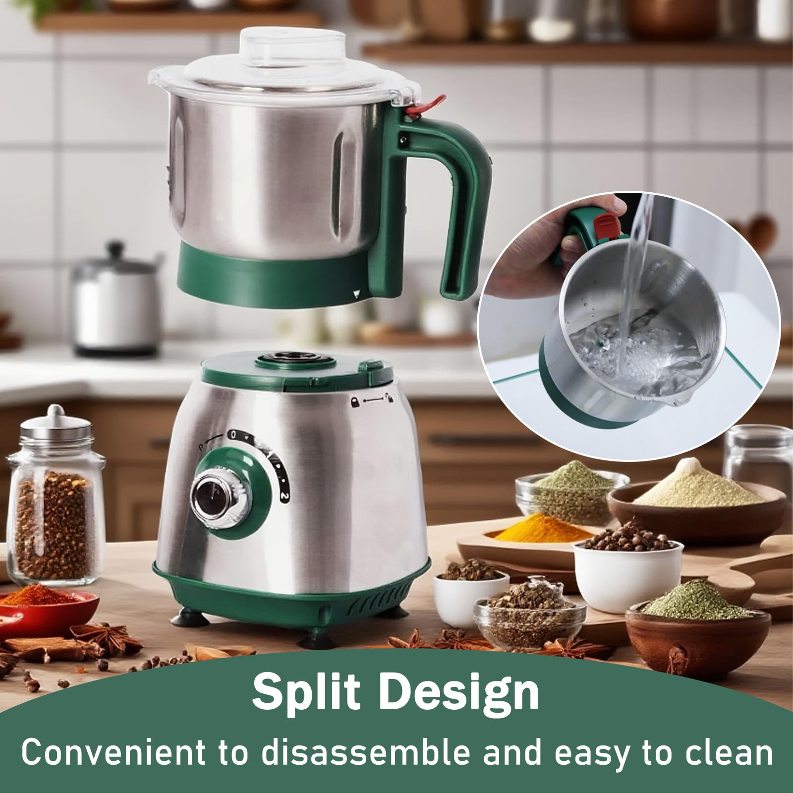 Electric Grinder for Kitchen - 500W Grain Mill with 3 Stainless Steel Blades, Dry and Wet Versatile Spice Grinder for Coffee, Grinding Spices, Bean, Grains, Nuts (Green)