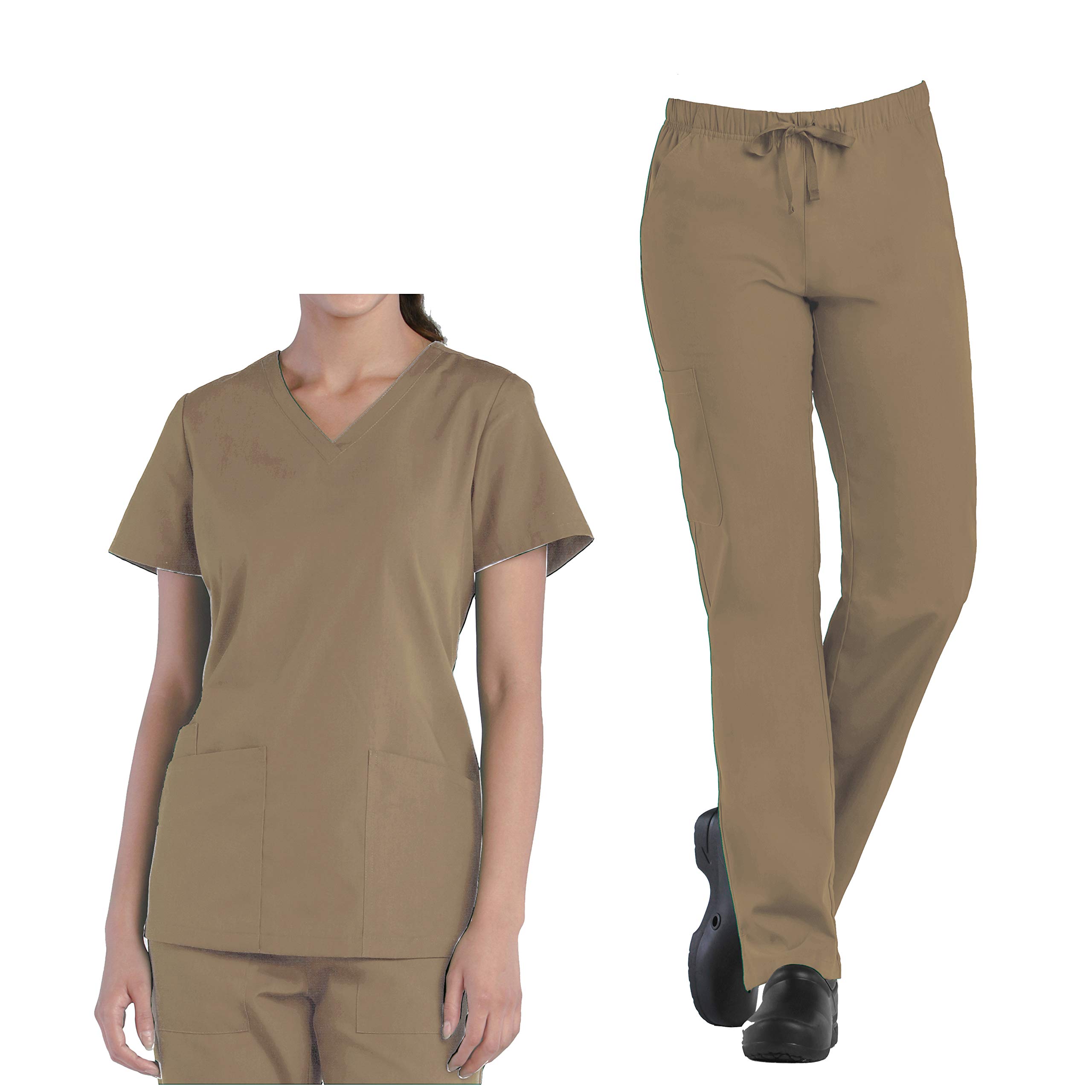 Medical Scrubs TRU Basic Womens V-Neck Top & Cargo Full Elastic Pant Scrub Set