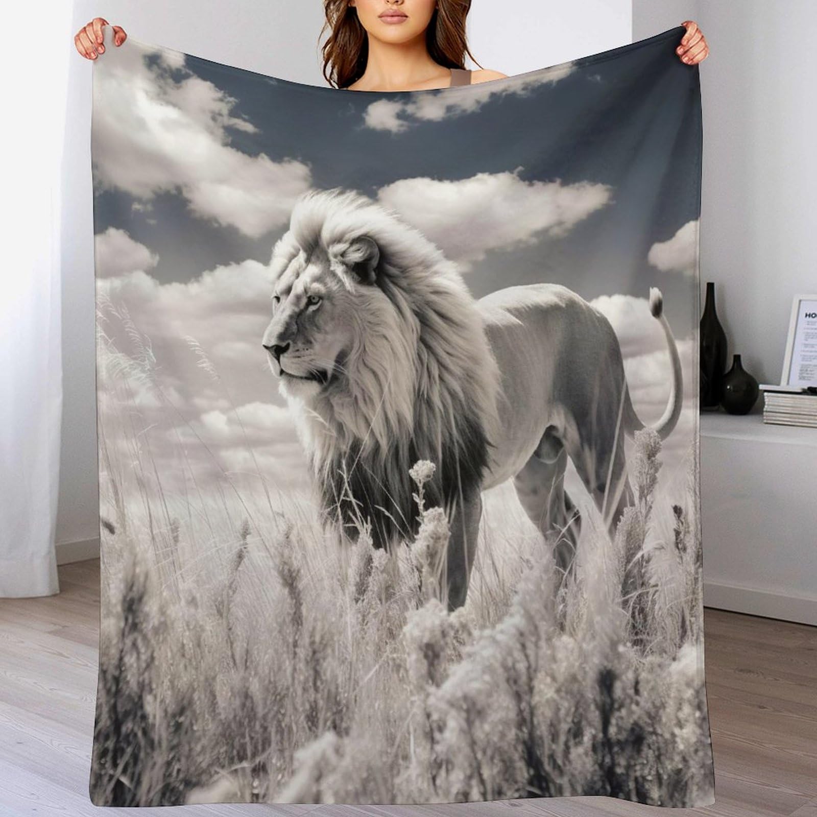 Plaid polaire lion pour canapé et lit, couverture douce de soirée hiver
