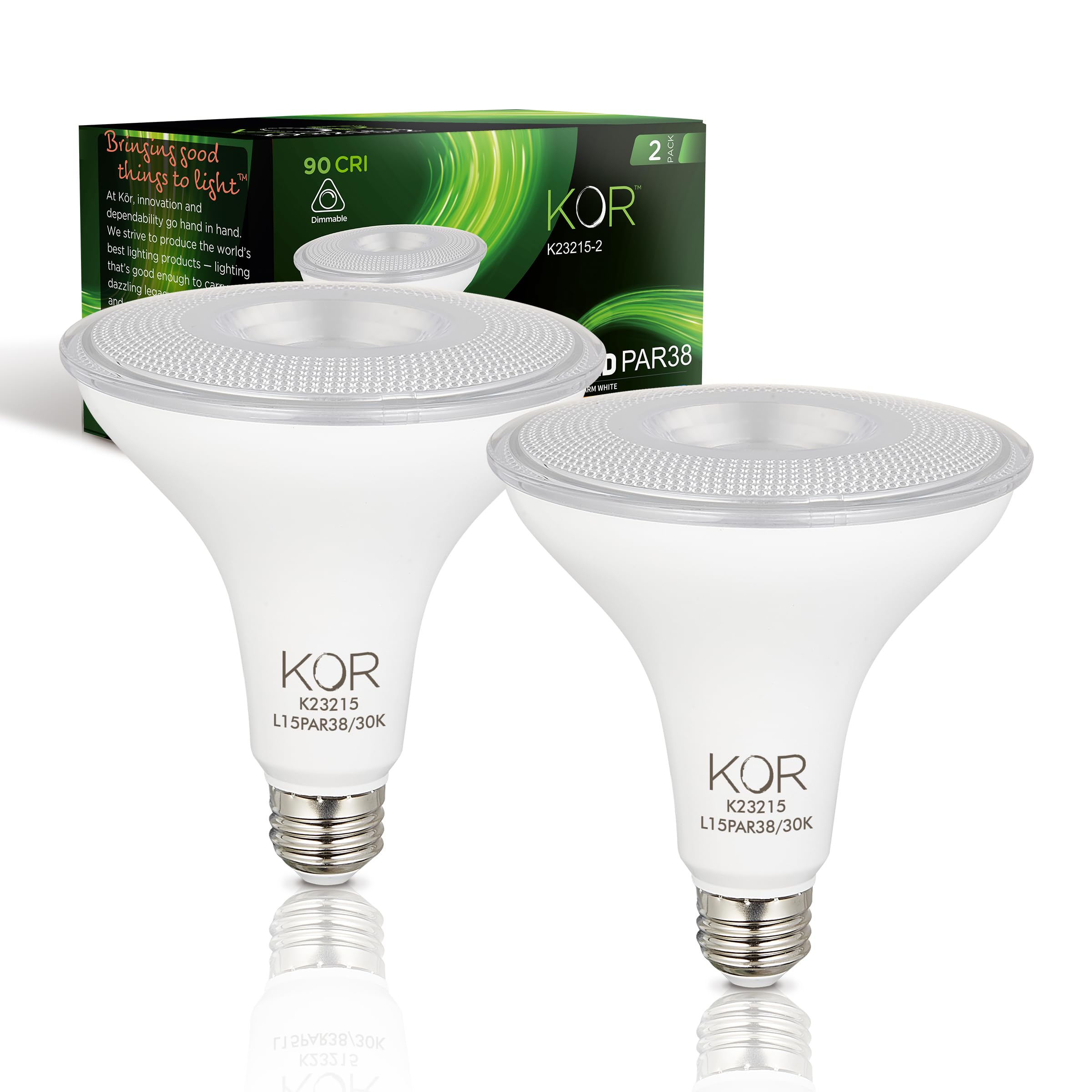 KOR LED PAR38 Flood Light Bulbs, 2 Pack, Dimmable 100W Equivalent, 3000K Warm White, Indoor Outdoor 15W Spotlight Bulb, E26 Base, 1250 Lumens, Frosted