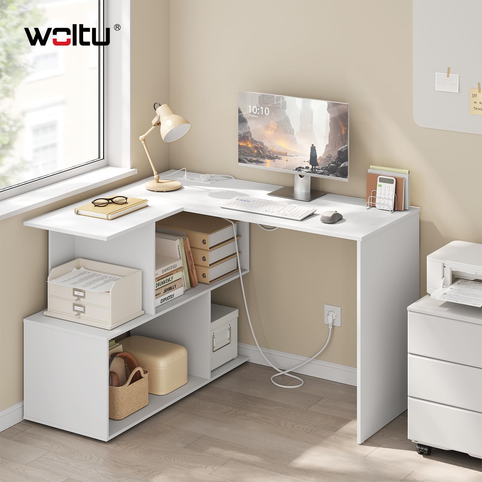 WOLTU Eckschreibtisch mit Regal, Schreibtisch L Form aus Holz, mit 2 Steckdosen, 120x100x75 cm, für Büro Schlafzimmer Arbeitszimmer, Weiß