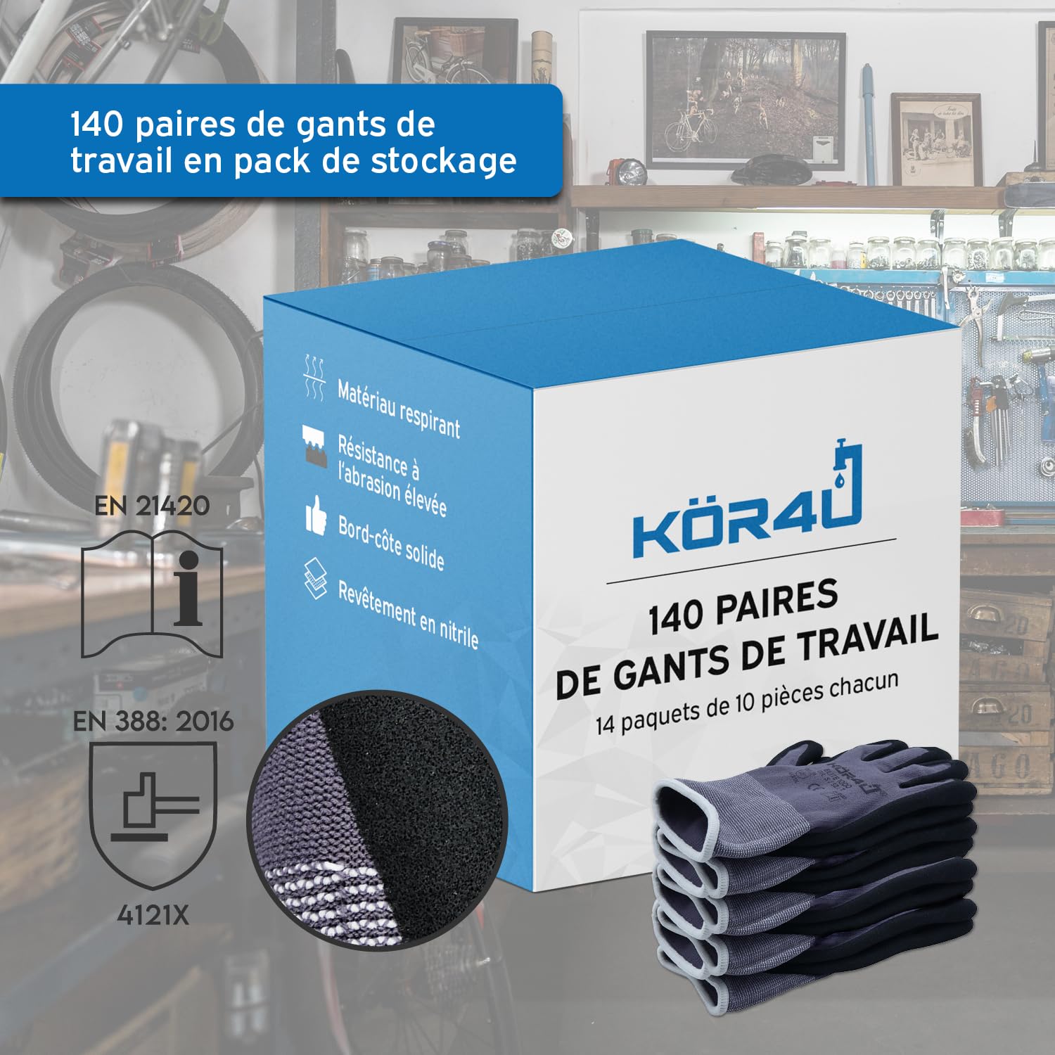 kör4u Elite Lot de 140 paires de gants de travail respirants et enduits, adaptés comme gants de protection, gants de jardinage pour femmes et mécaniciens, revêtement en nitrile de qualité supérieure,