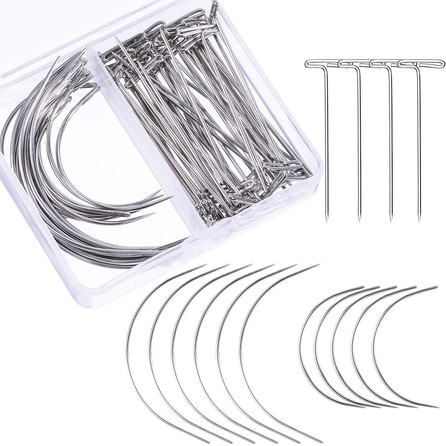 Anjing Silver 70 Pieces Wig Making Pins Needles Set, Wig T Pins And C Curved Needles Hair Weave Needles For Wig Making, Blocking Knitting, Modelling And Crafts