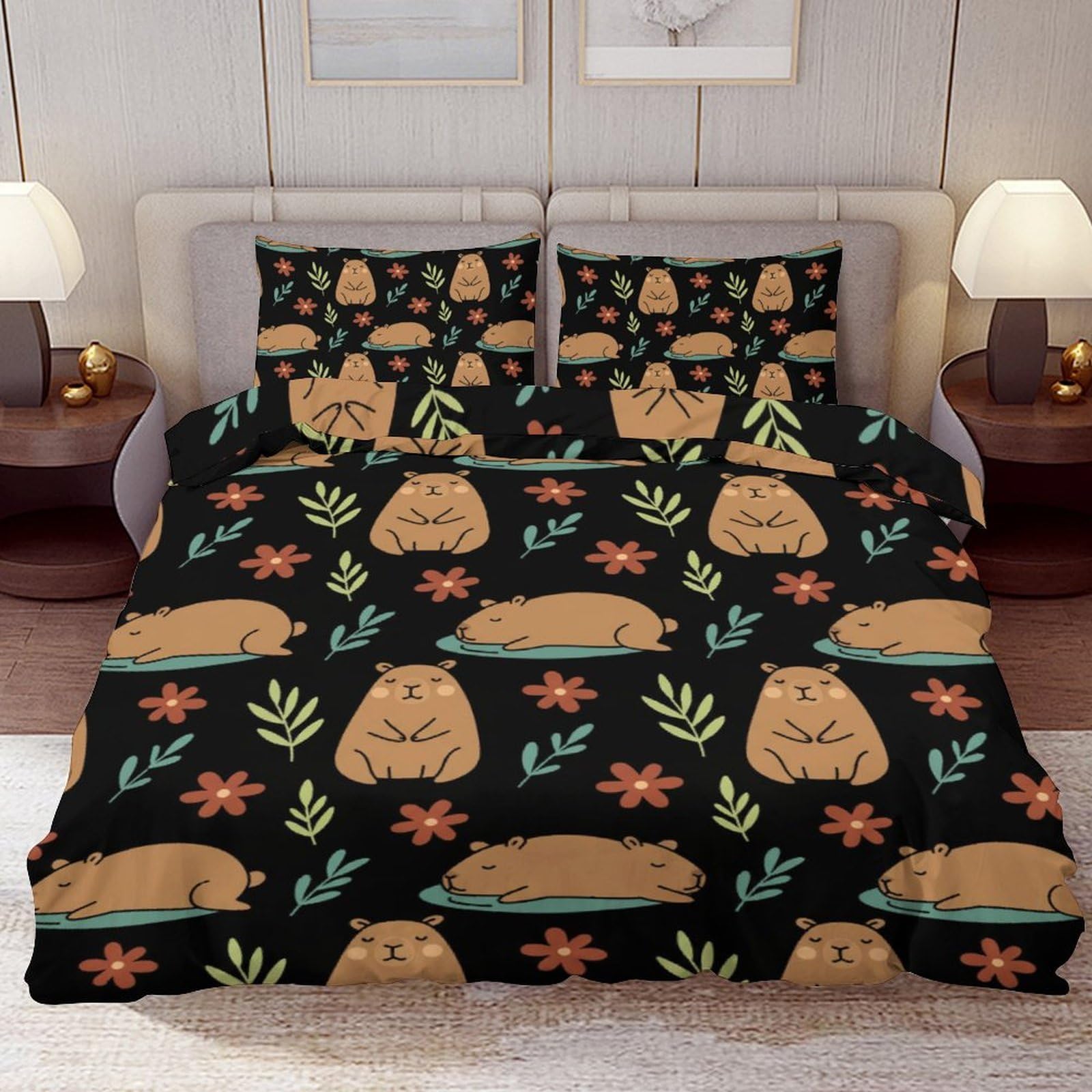 Delerain Comforter Cover Set Twin Size, Cute Cartoon Capybara 3-Piece Bedding Set for Boys Girls Teens Modern Soft Microfiber Bedroom Set Room Decor, 1 Duvet Cover + 2 Pillowcases
