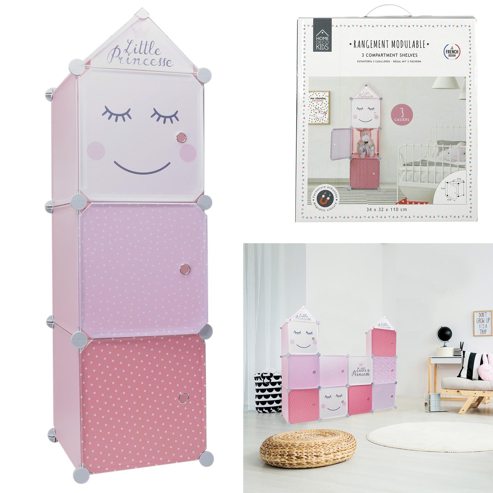 HOME DECO KIDS - Rg9220 - Rangement Armoire Modulable 3 Cubes Fille Enfant Deco Chambre Mobilier Decoration Meuble