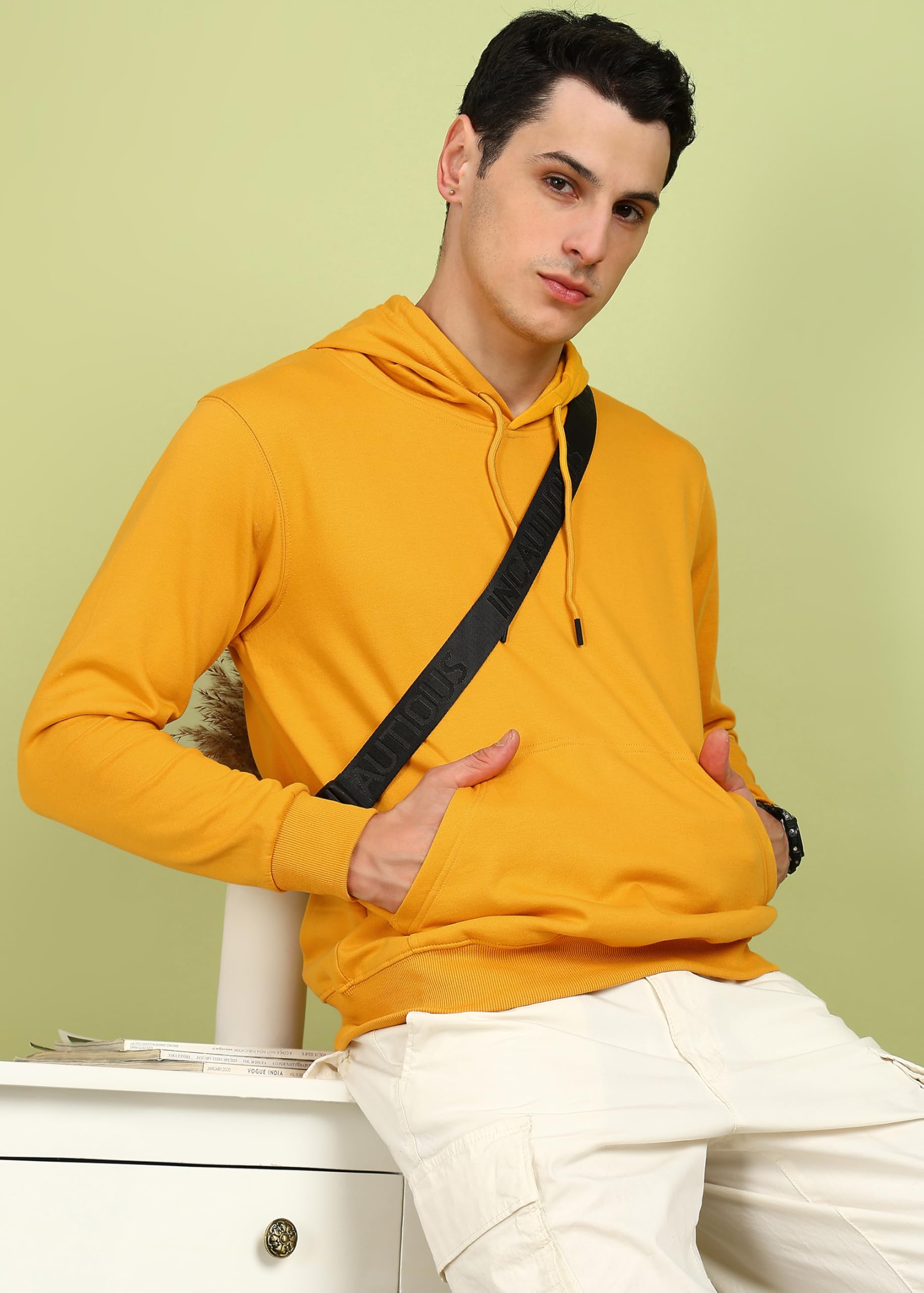Alan Jones Clothing Men’s Solid Hooded Sweatshirt | Drawstring Hood, Kangaroo Pocket, Ribbed Hem | Regular Fit | Sizes S–5XL | Multiple Colors (Mustard_L)
