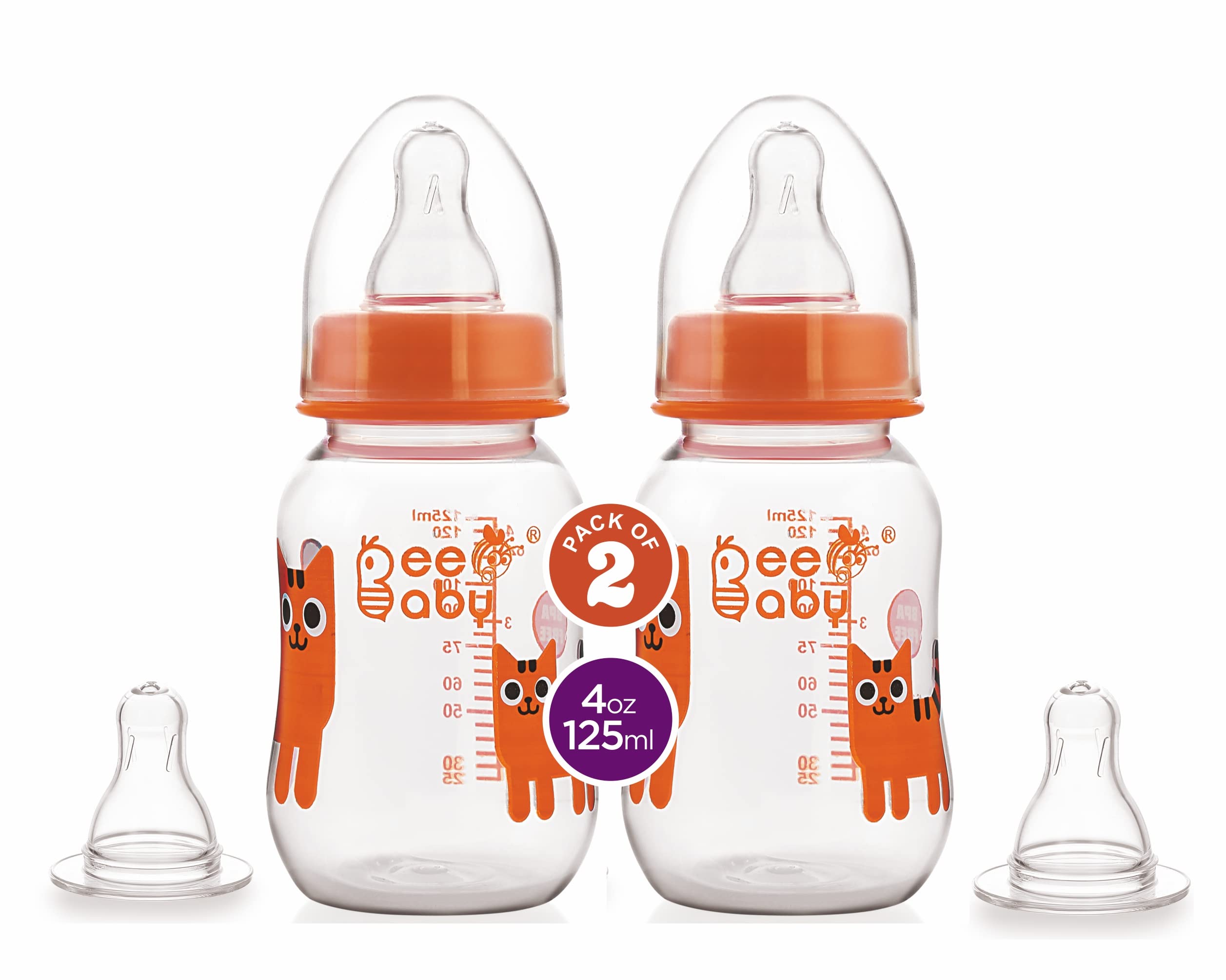 BeeBaby Easy Start Slim Neck Baby Feeding Bottle with 4 Anti-Colic Gentle Touch Silicone Nipples for New Born, Infant, Toddler, Babies, 100% BPA Free, 4 Months + (125 ML, Orange, Pack of 2)-image-22