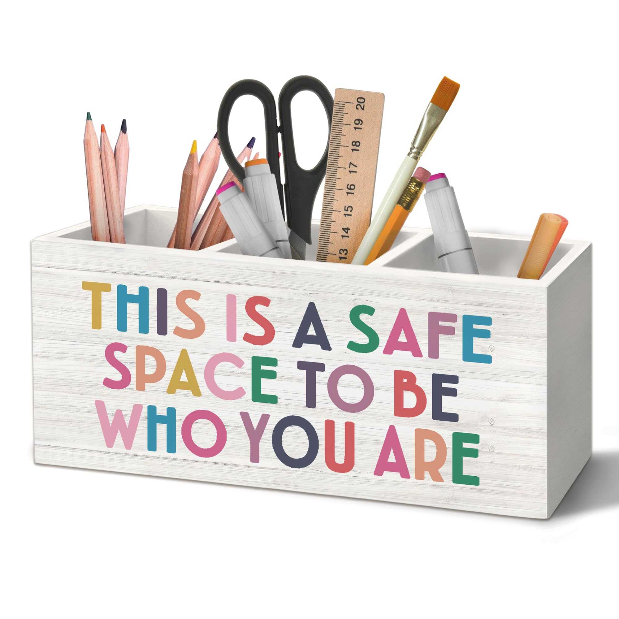 Stiftehalter für psychische Gesundheit, Klassenzimmer, Organizer für Schreibtischzubehör, dies ist ein sicherer Ort, um zu sein, wer Sie sind, inspirierende Holzbox, Schreibtischdekorationen