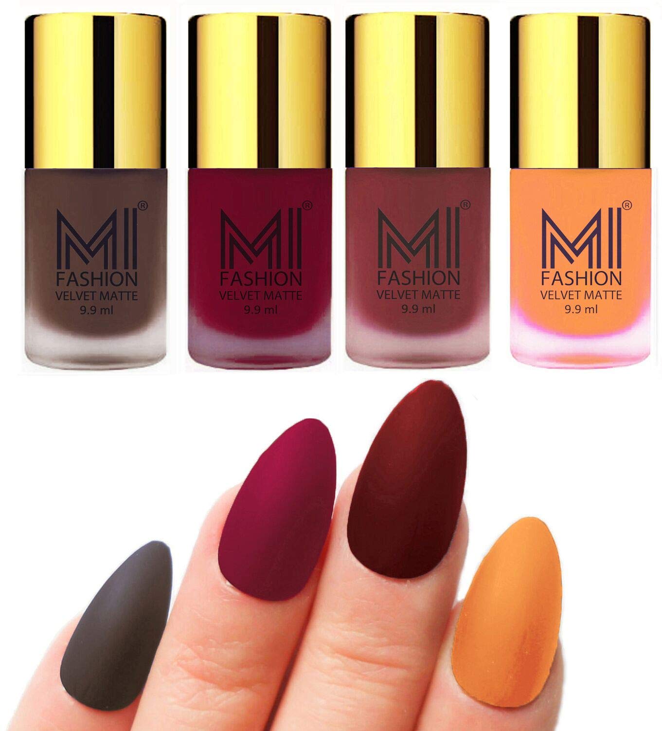 mi fashion highly pigmented velvet matte nail paint set effortless matte top colour 9.9mlcoffee, mauve, maroon, saffron orange (pack of-4)