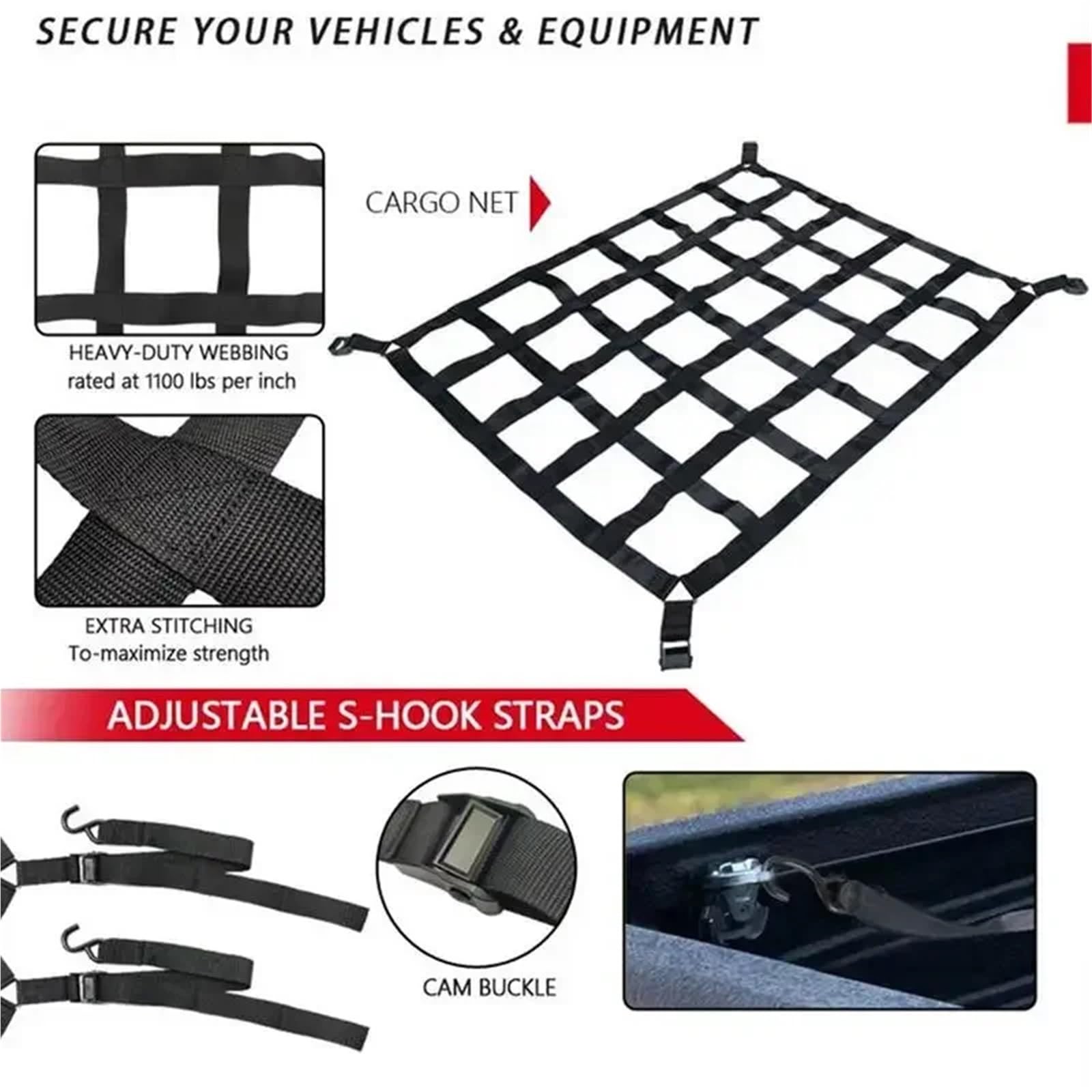Red Maletero de Coche Heavy Duty Roof Rack Cargo Net Webbing Truck Pickup and Safetyweb Control For Car Modification Parts | M