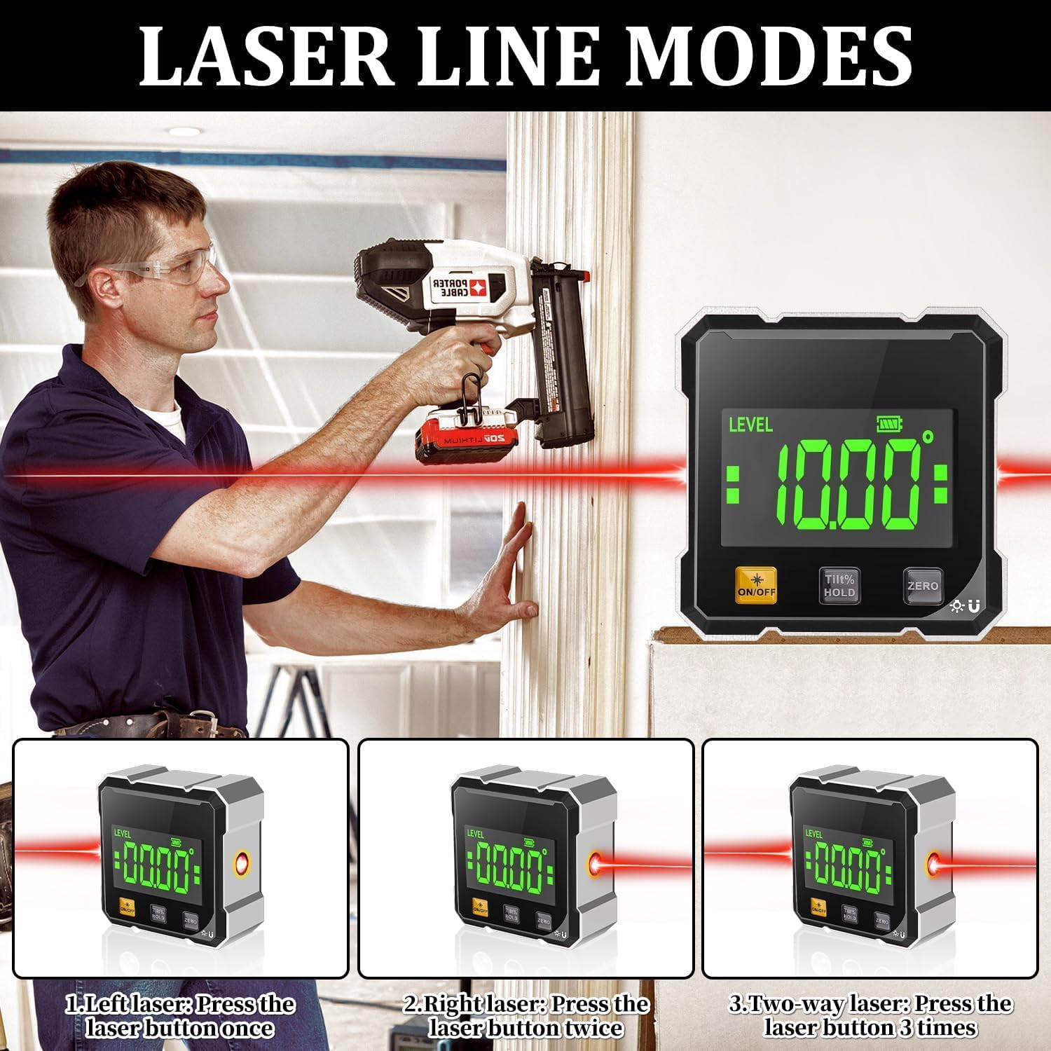 Goniometro digitale con laser, livella a bolla magnetica digitale a 4 lati, con laser elettronico, impermeabile, per lavori in legno.