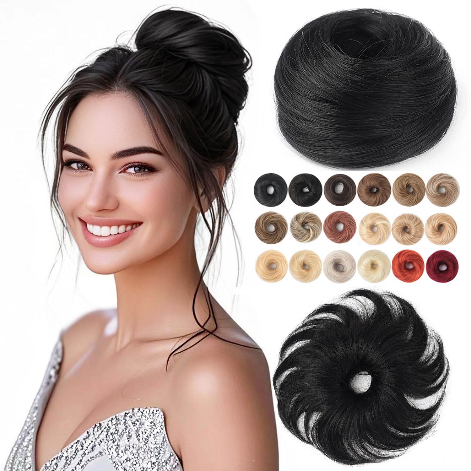 Fullart Messy Bun Hair Piece 100% Real Human Hair #1 Jet Black 1 Count Wavy Tousled Smooth Stretchy Fluffy Donut Updo Elastic Rubber Band Human Hair Bun Extension Chignons Scrunchies