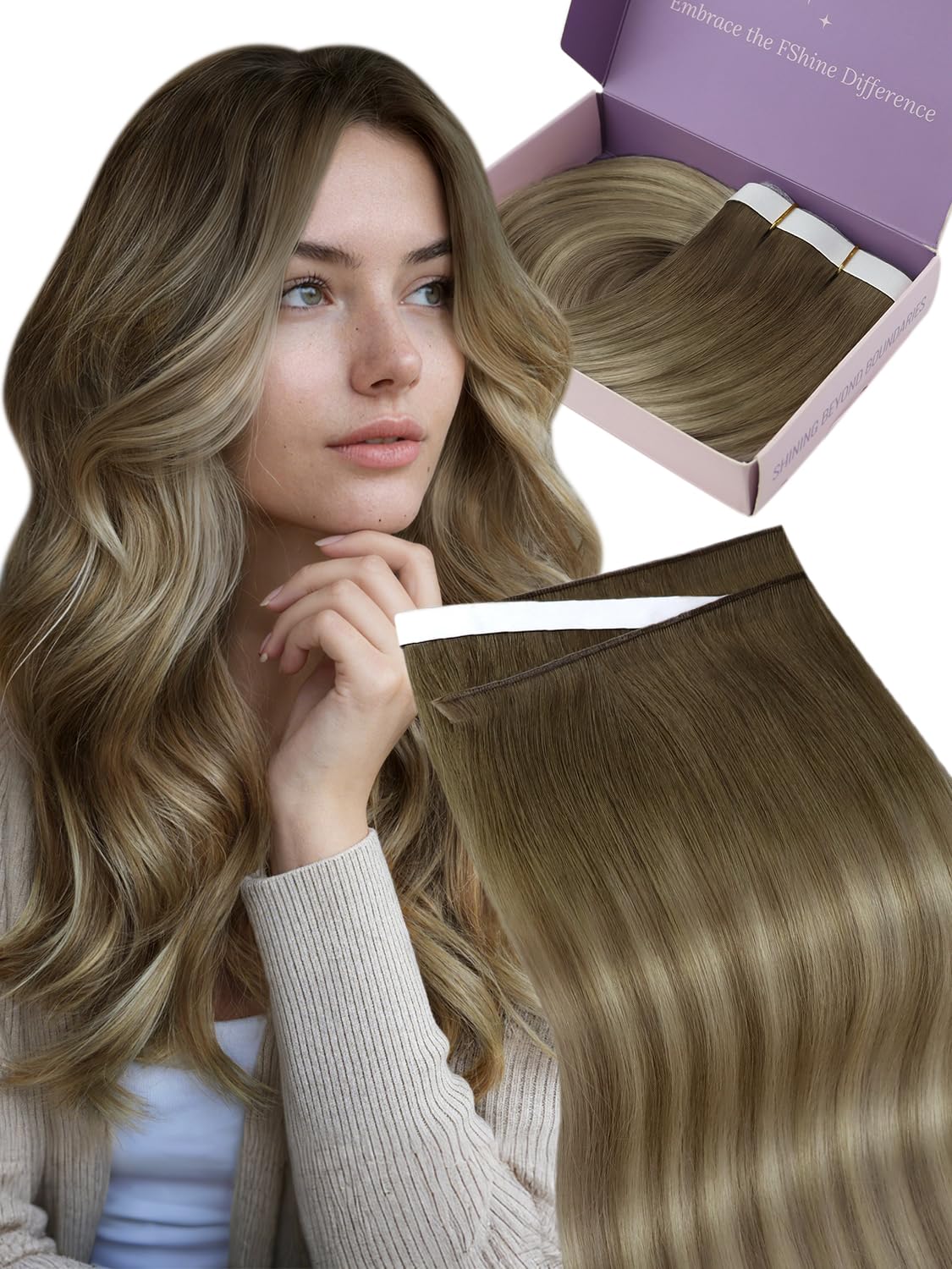 Fshine Extensiones Adhesivas Pelo Natural 20 Pulgadas 50g Cabello Humano Marrón Claro Balayage Rubio Y Marrón Claro Cinta 20Pcs Liso Color 6 60 6 — view 26