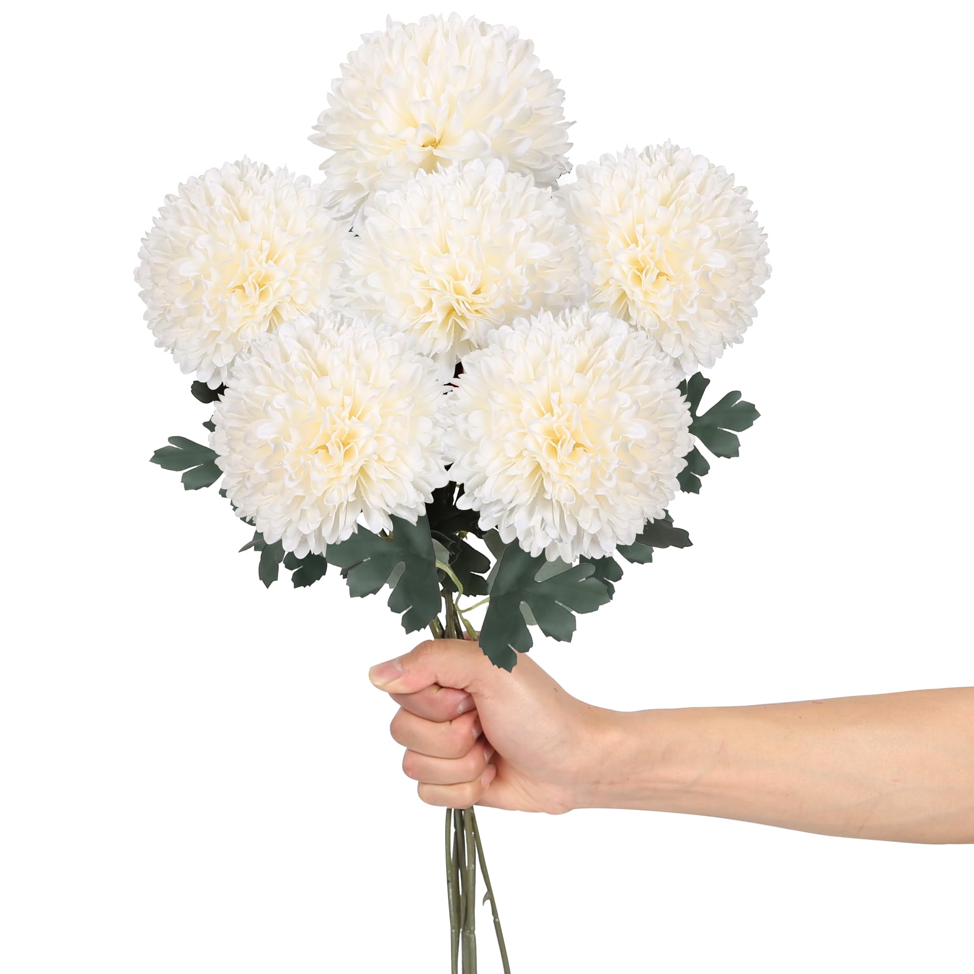 Artifolia 6 pcs 4'' Large Artificial Fake Chrysanthemum Flowers with 22'' Long Stem, White Silk Hydrangea Faux Ball Flowers for Wedding Party Table Centerpieces Floral Arrangement Home Kitchen Décor