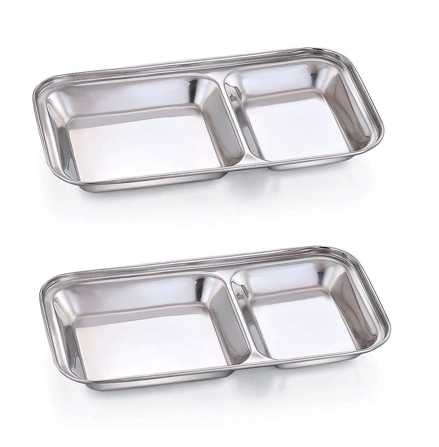 Khandekar Pack of 2 Stainless Steel Rectangle Small Plate, Mess Trays for ss mess tray , Meal Partition Tray, Rectangle Camping Plate, Divided Snacks Plates For Daily Use - Silver, 9 inch