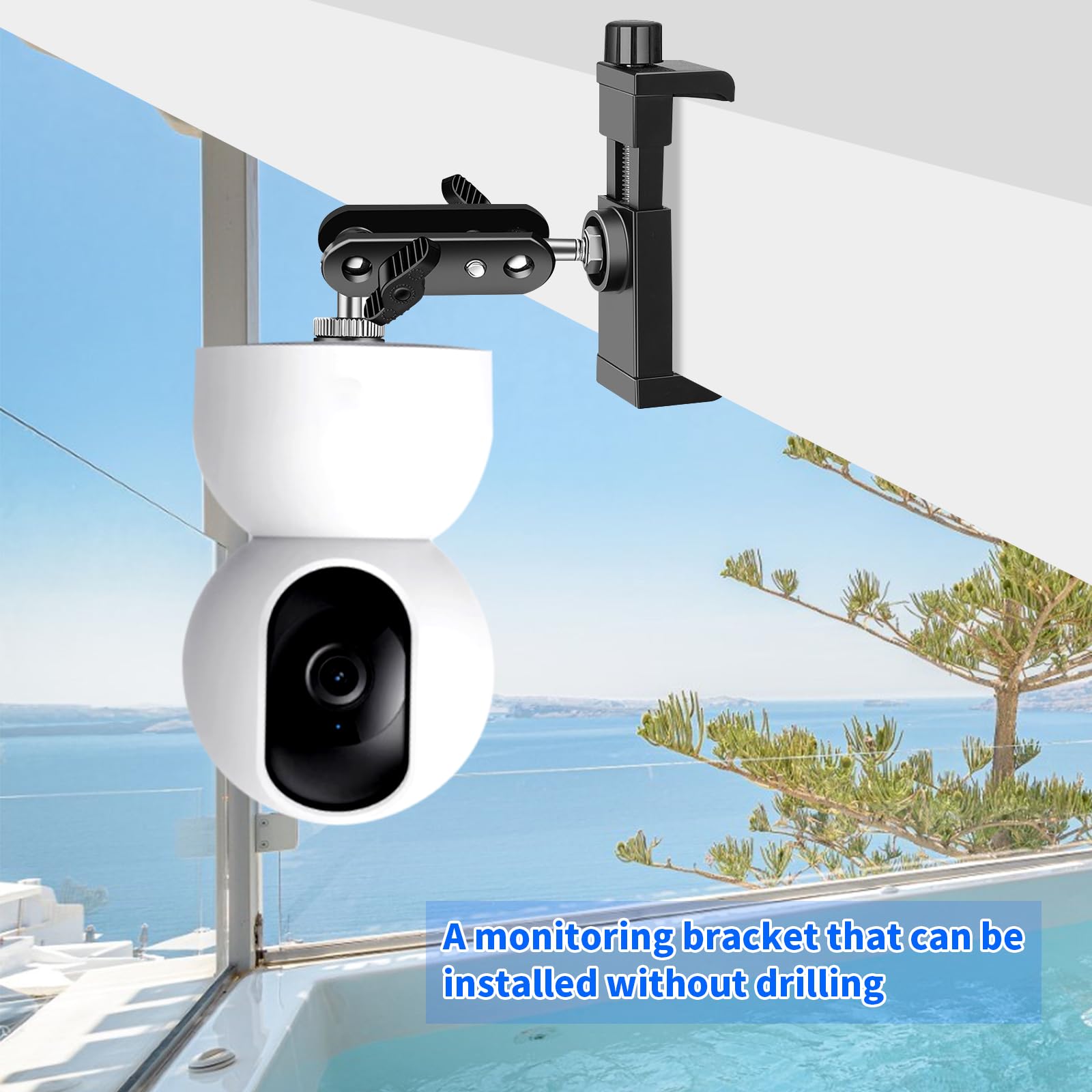 Soporte Camara Vigilancia, Abrazadera de Cámara Soporte de Montaje Cabeza Esférica 360° Soporte Cámara Pinza con Adaptador de Rosca 1/4",Ajustable Soporte de Mástil Clamp para Cámara Vigilancia