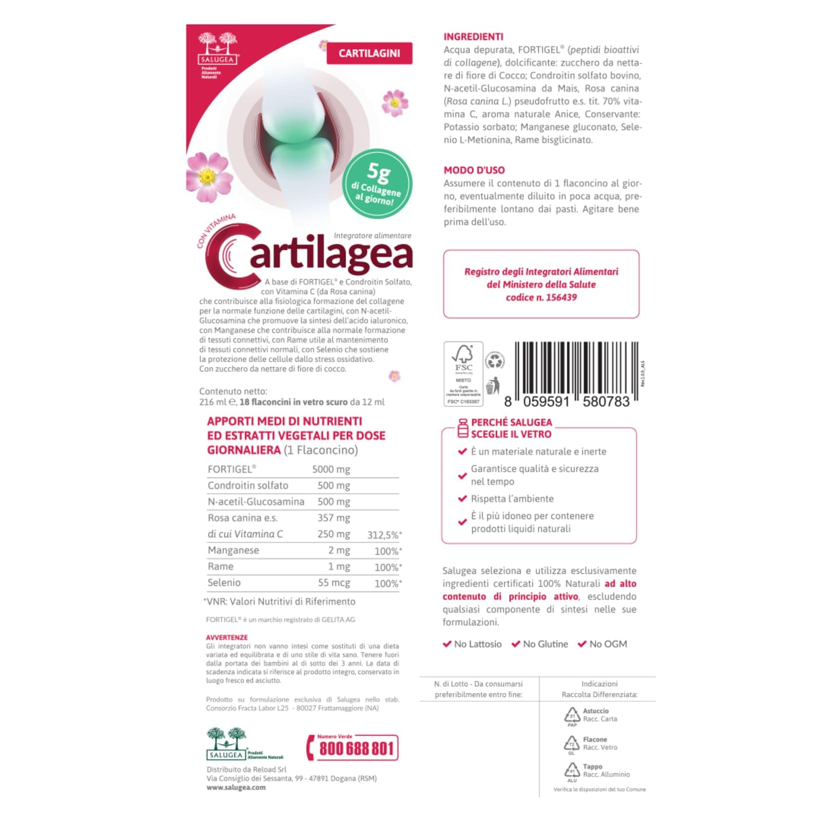 CARTILAGEA Salugea - Integratore 100% Naturale per il Benessere delle Cartilagini - con Collagene idrolizzato, Glucosamina, Condroitina, Rosa Canina (Vit. C), Manganese, Rame e Selenio - 18 flaconcini