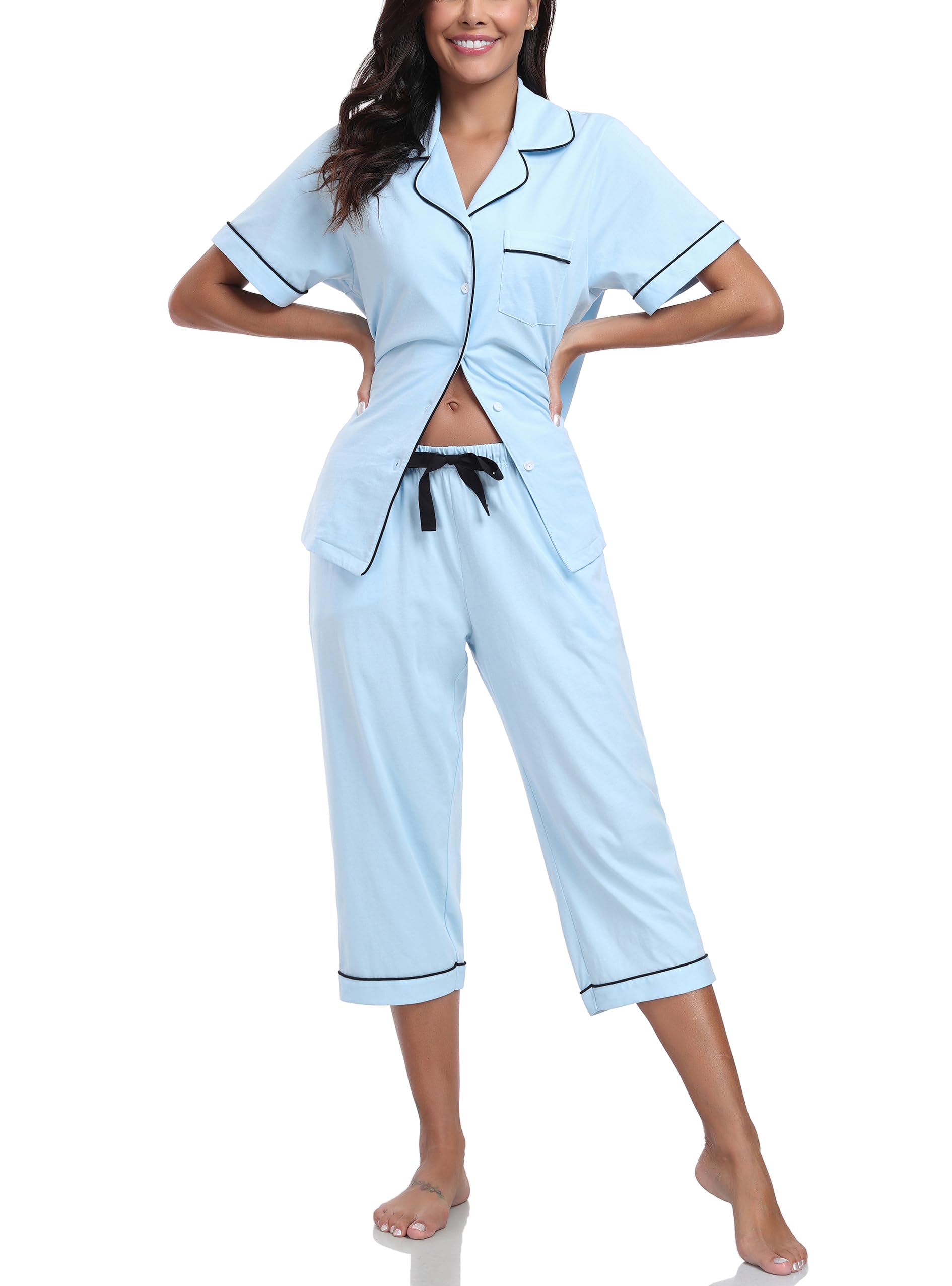 EA'S SECRET 100% Baumwolle Schlafanzug Damen Kurzarm-Oberteil 3/4 Hose Pyjama-Set V-Ausschnitt Knopfleiste Sommer S-XXL